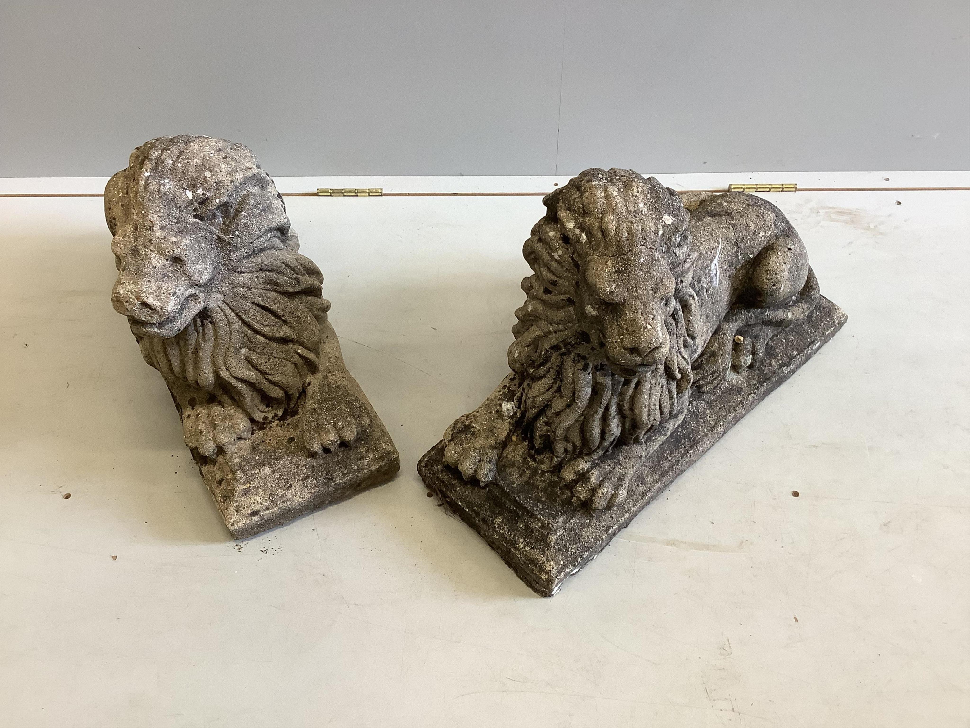 A pair of re-constituted stone recumbent lion garden ornaments, length 58cm, height 38cm. Condition - fair